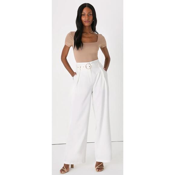 Lulus New! White Belted Wide-Leg Trouser Pants High Rise Formal Workwear M - Picture 1 of 10